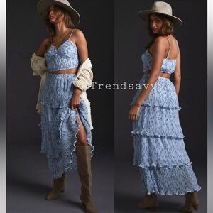 ANTHROPOLOGIE Crop Top & Tiered Maxi Skirt Set Floral Blue Let Me Be Size M NWT